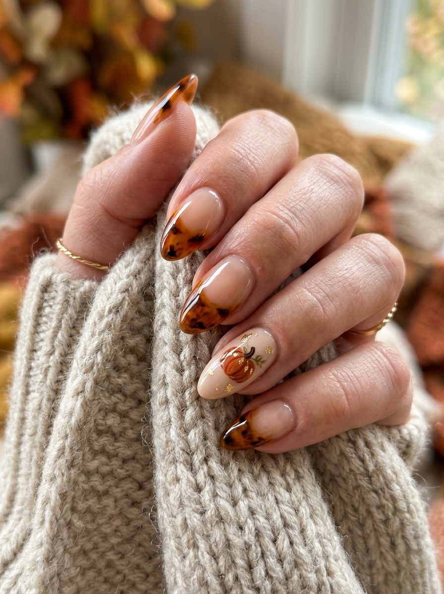 Amber Jelly Tortoiseshell Tips & Gold Leaf - cute fall pumpkin nail art