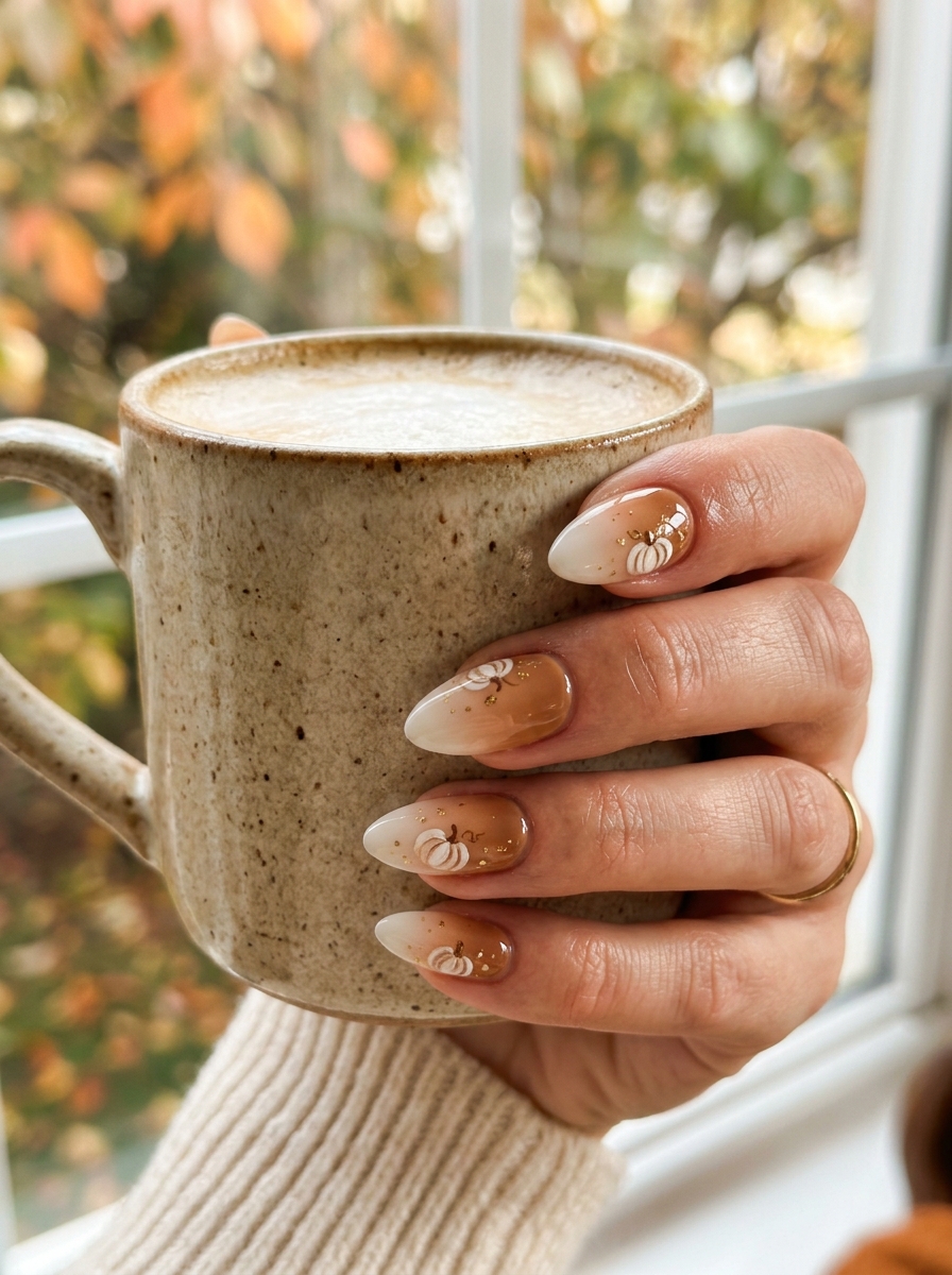Toffee Caramel Latte Ombré with White Pumpkins - cute fall pumpkin nail art