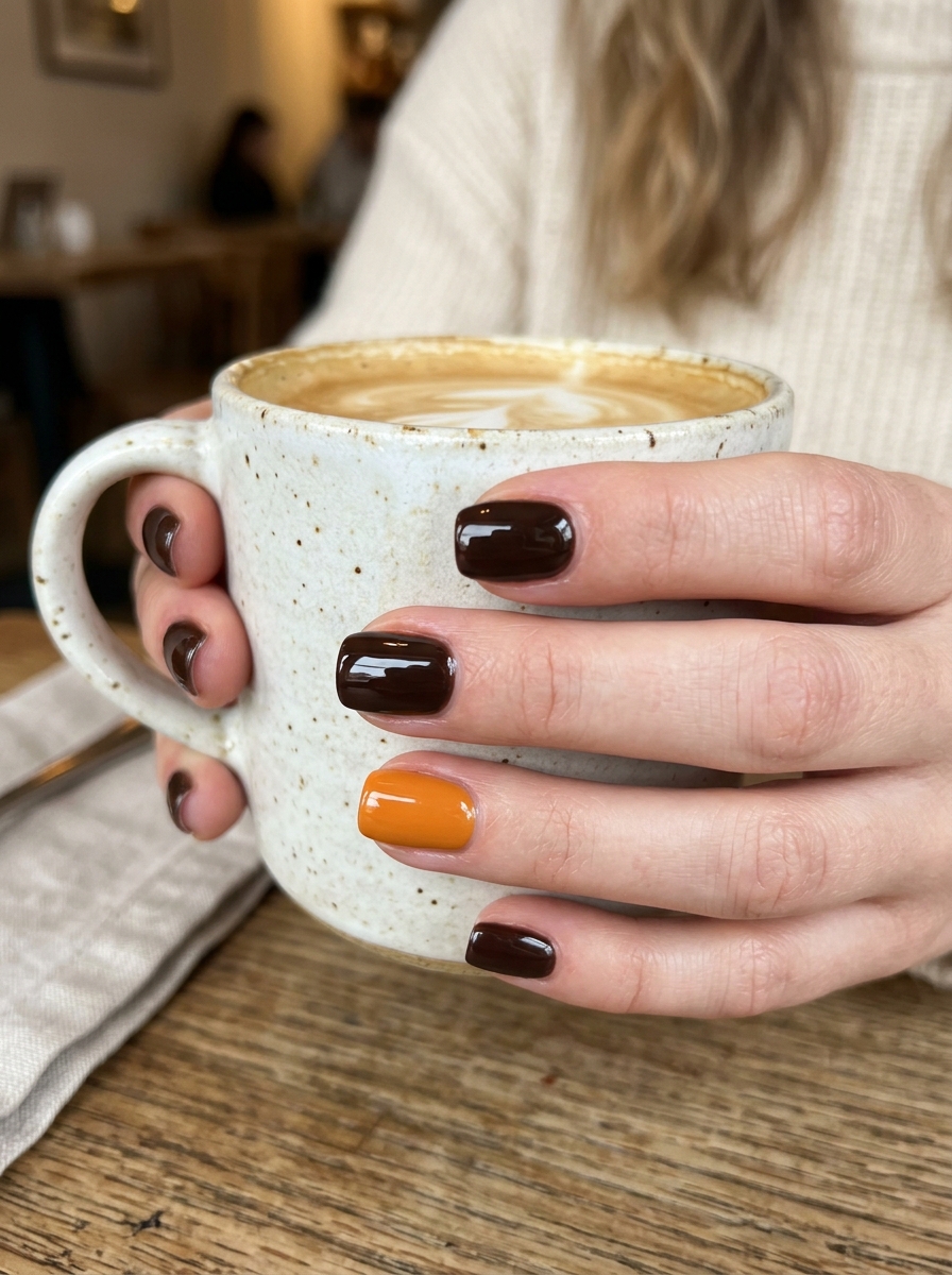 High-Shine Dark Chocolate with Pumpkin Statement Nail - cute fall pumpkin nail art