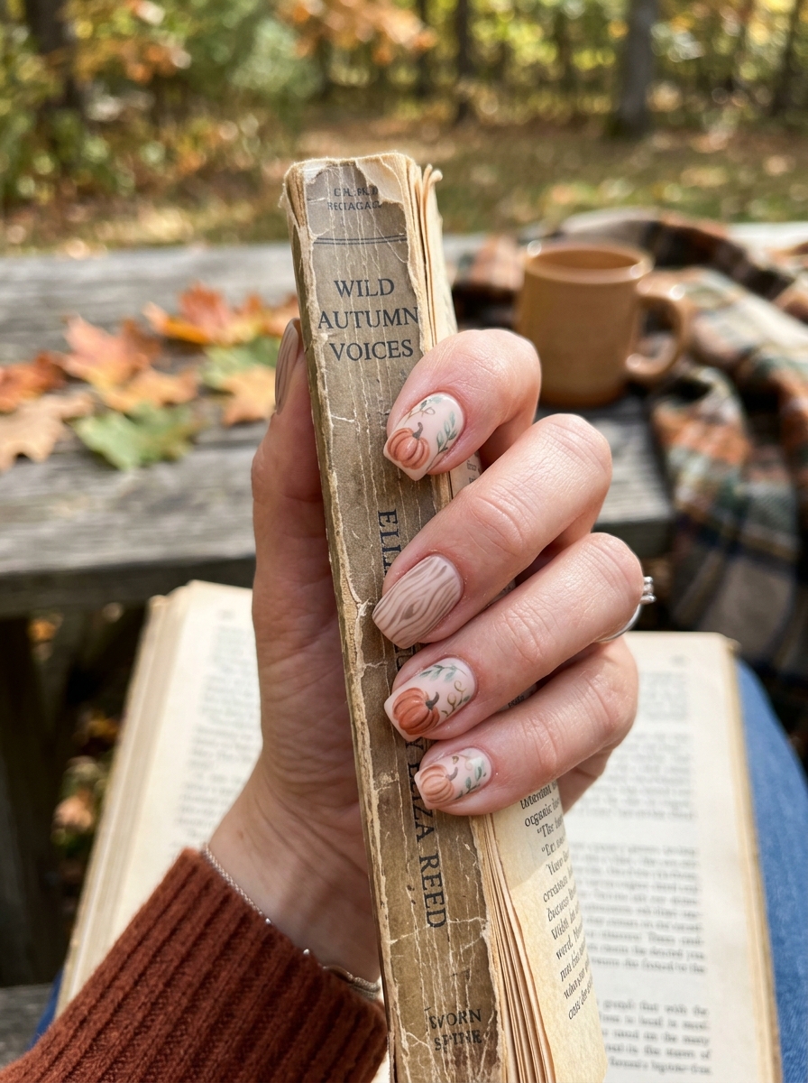 Rustic Woodgrain Texture with Watercolor Pumpkins - cute fall pumpkin nail art