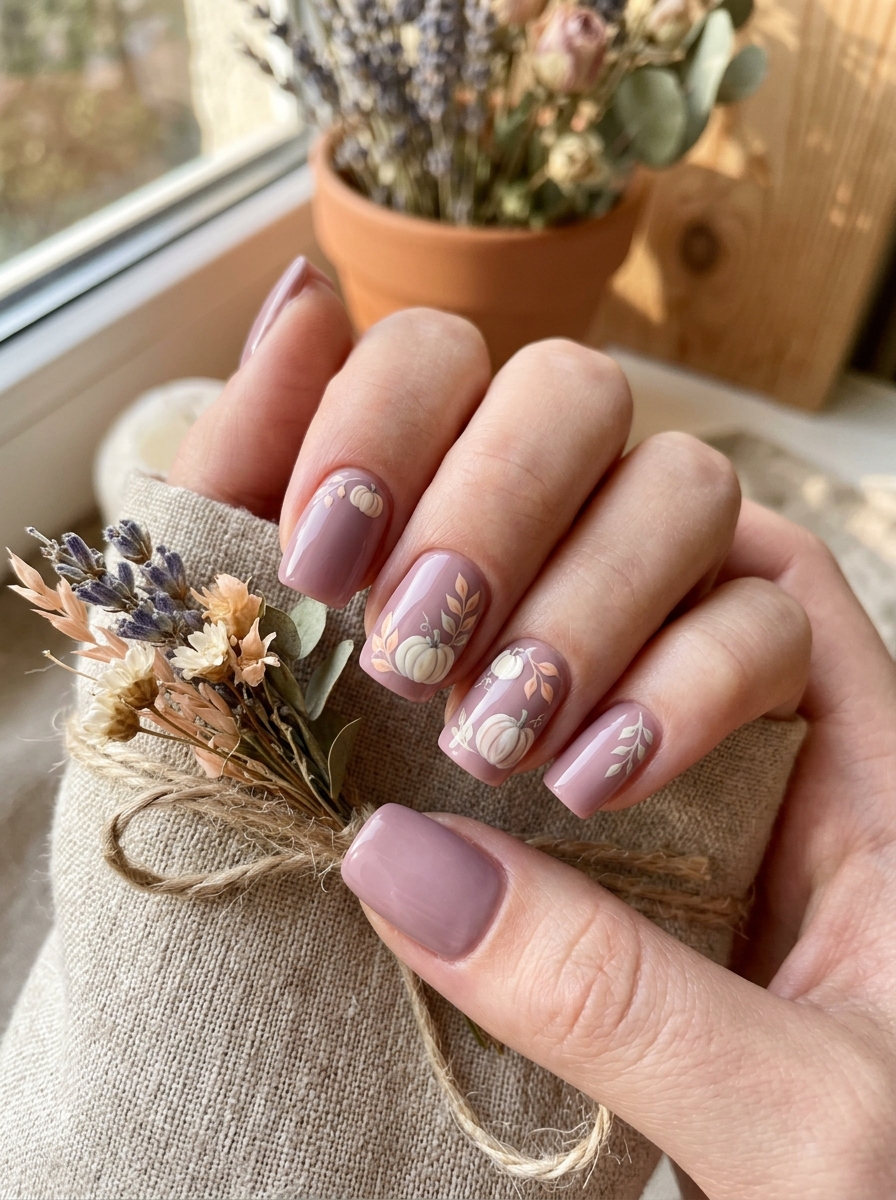Muted Mauve & Pastel Cream Pumpkin Patch - cute fall pumpkin nail art