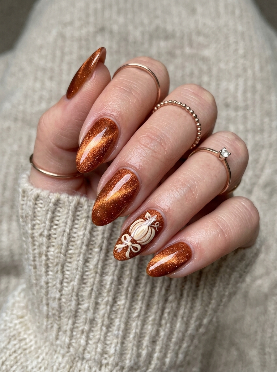Coquette Velvet Cat-Eye Gourds - cute fall pumpkin nail art
