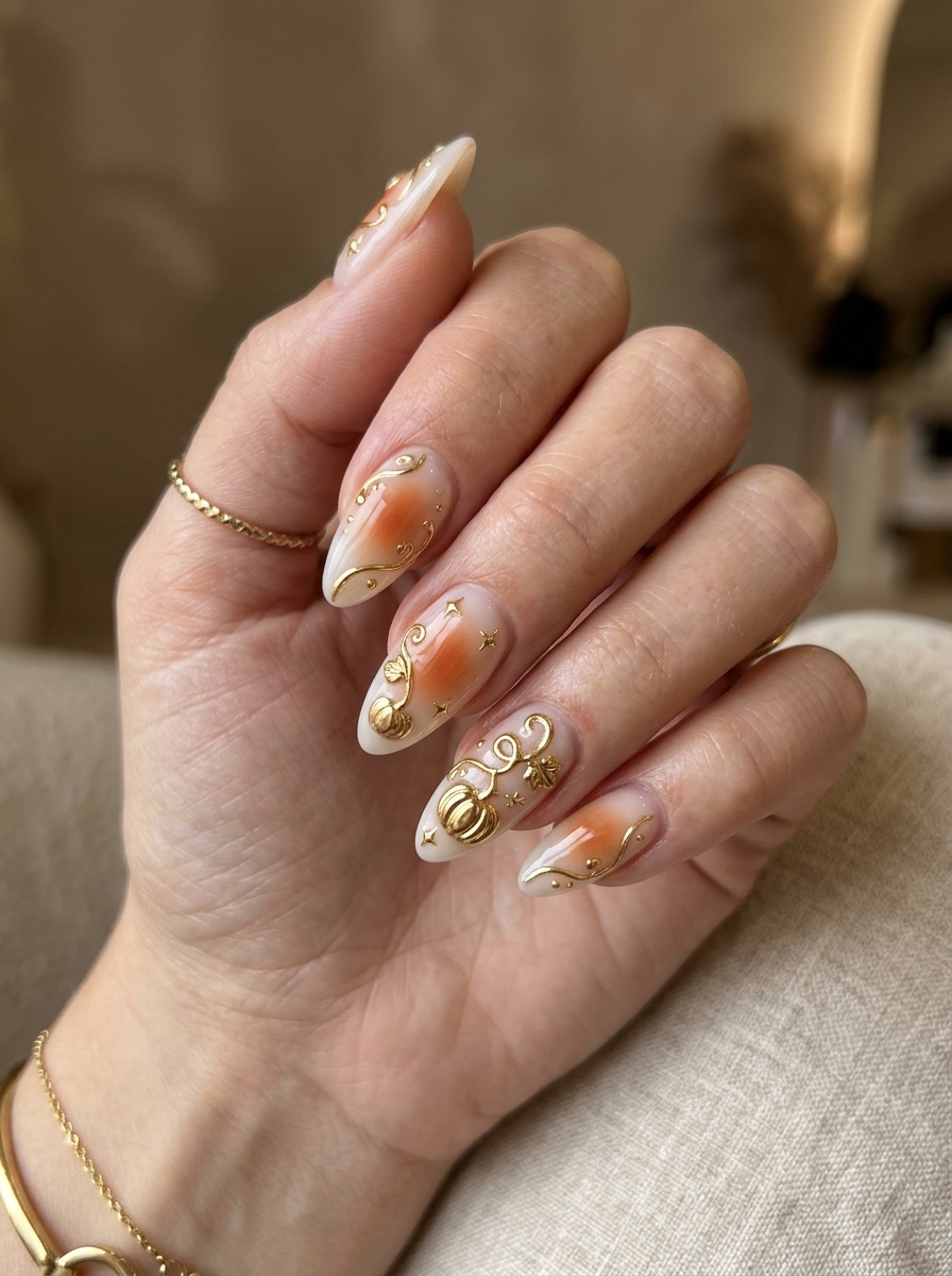 Golden Aura Liquid Chrome Pumpkin Vines - cute fall pumpkin nail art