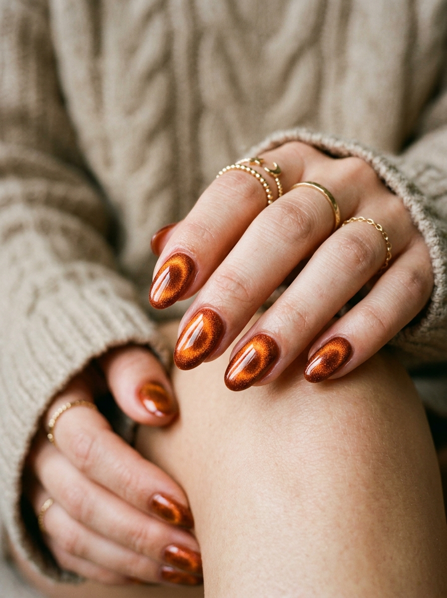 Burnt Orange Velvet Cat-Eye Aura Nails - cute fall pumpkin nail art