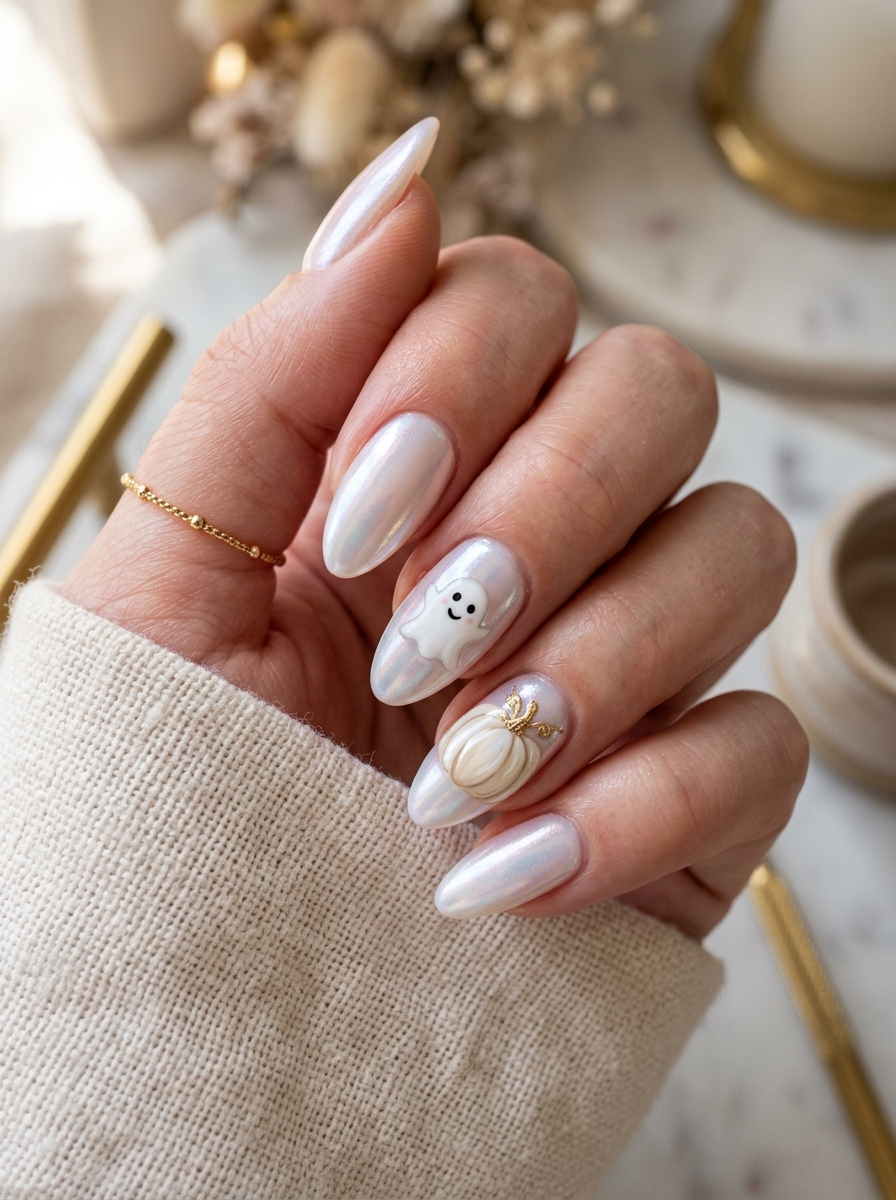 Iridescent Glazed Ghost & Pearl Pumpkin Duo - cute fall pumpkin nail art