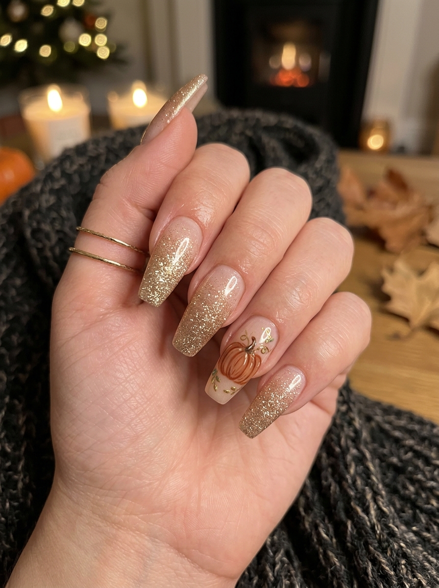 Champagne Gold Glitter Ombré with Rust Pumpkin - cute fall pumpkin nail art