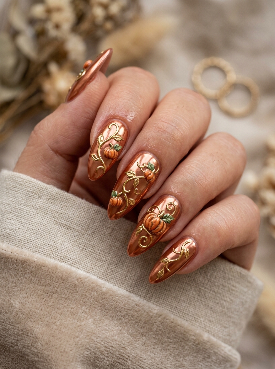 Terracotta Chrome Mirror with Liquid Gold Vines - cute fall pumpkin nail art