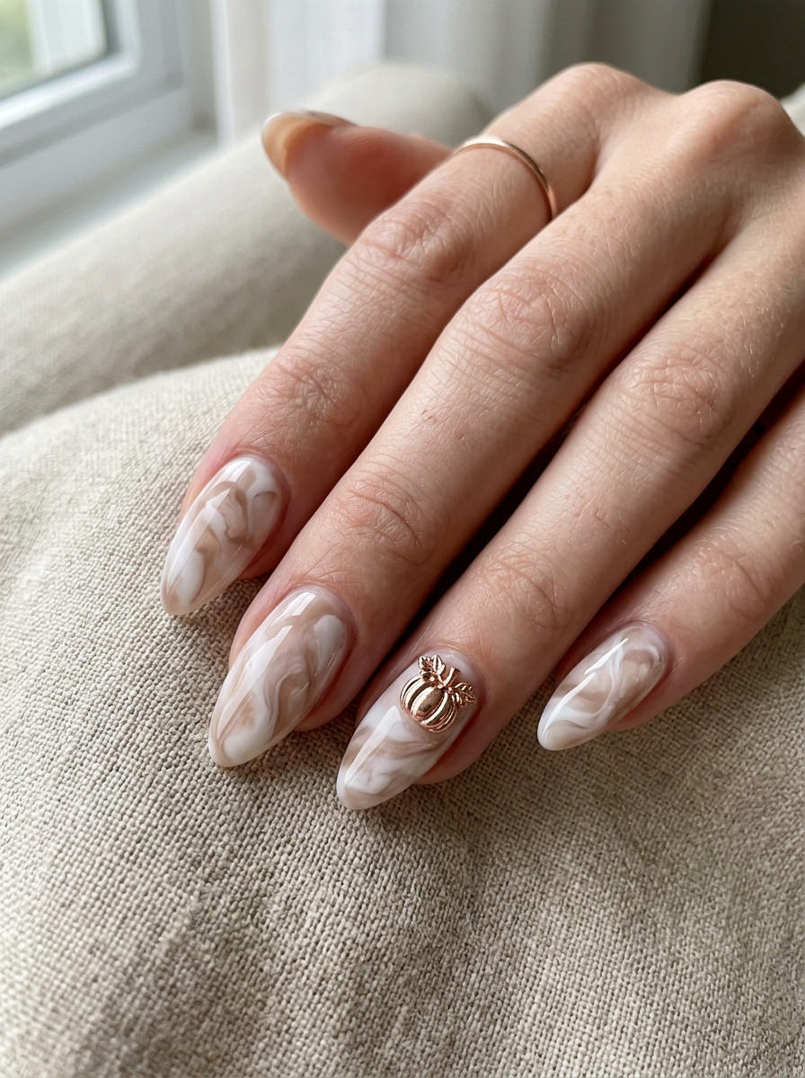 Cream Latte Marble with Rose Gold Pumpkin Charm - cute fall pumpkin nail art