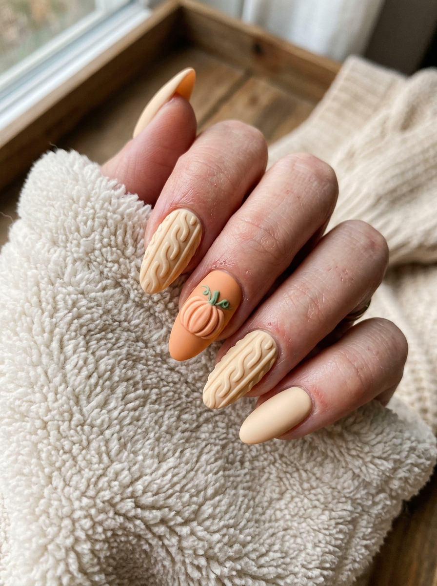 3D Cable-Knit Sweater Texture - cute fall pumpkin nail art