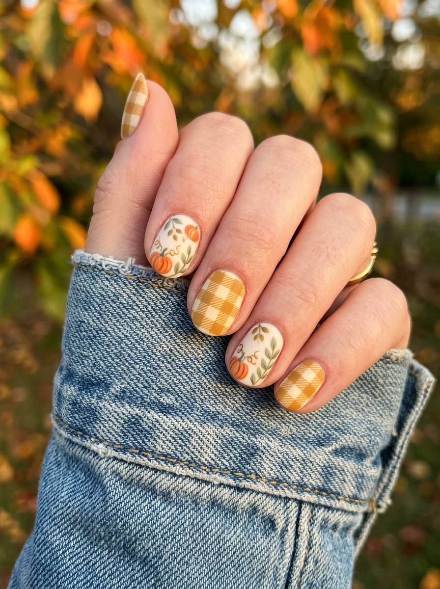 Cottagecore Pumpkin Patch Gingham - cute fall pumpkin nail art