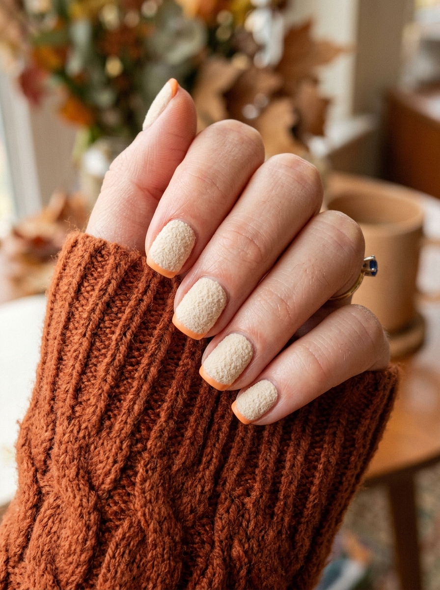 Cream Bouclé Knit with Pumpkin French Tips - cute fall pumpkin nail art