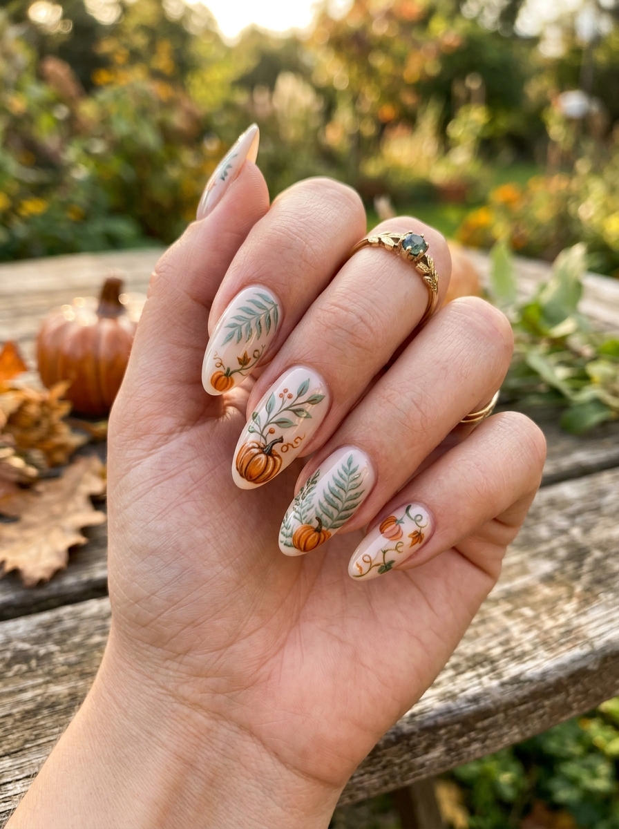 Vintage Botanical Ferns & Wild Pumpkin Vines - cute fall pumpkin nail art