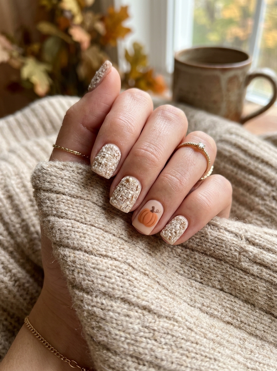 Oatmeal Tweed Fabric Texture with Matte Gourd - cute fall pumpkin nail art