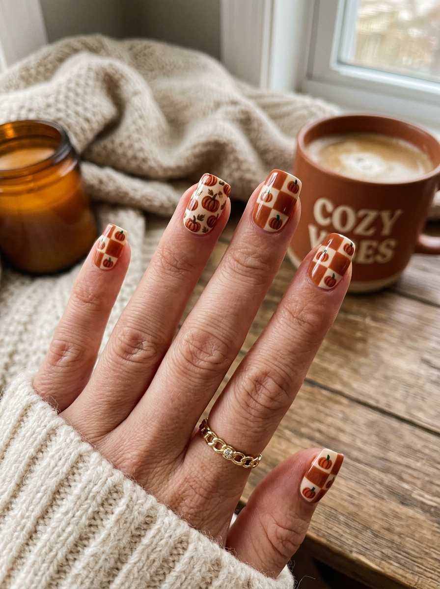 Warm Pecan & Cinnamon Checkerboard with Pumpkins - cute fall pumpkin nail art