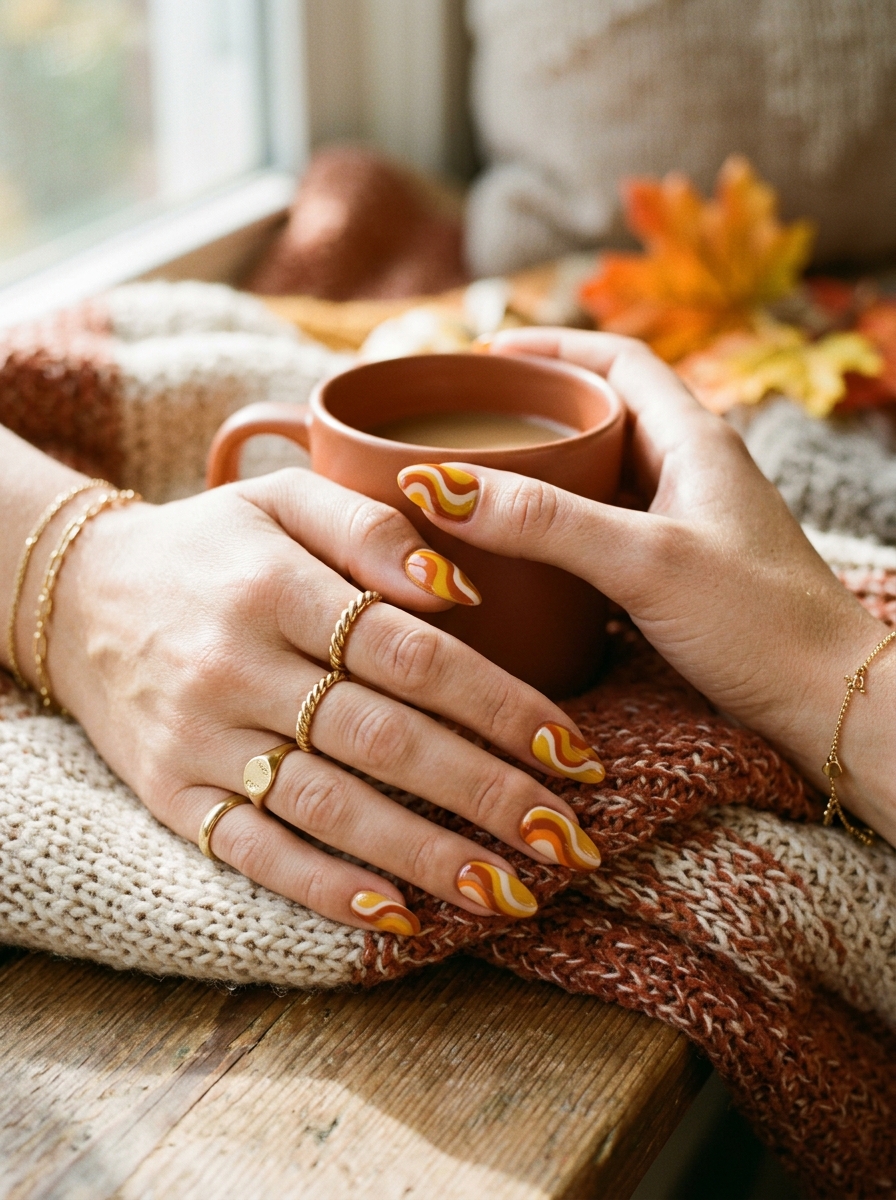 Retro 70s Psychedelic Autumn Waves - cute fall pumpkin nail art