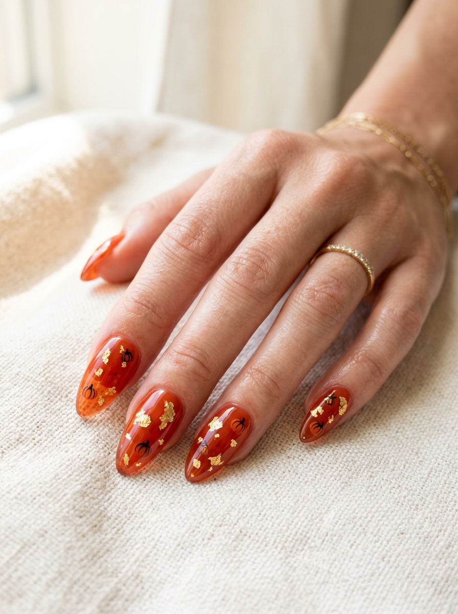 Blood Orange Jelly with Floating Gold Silhouettes - cute fall pumpkin nail art