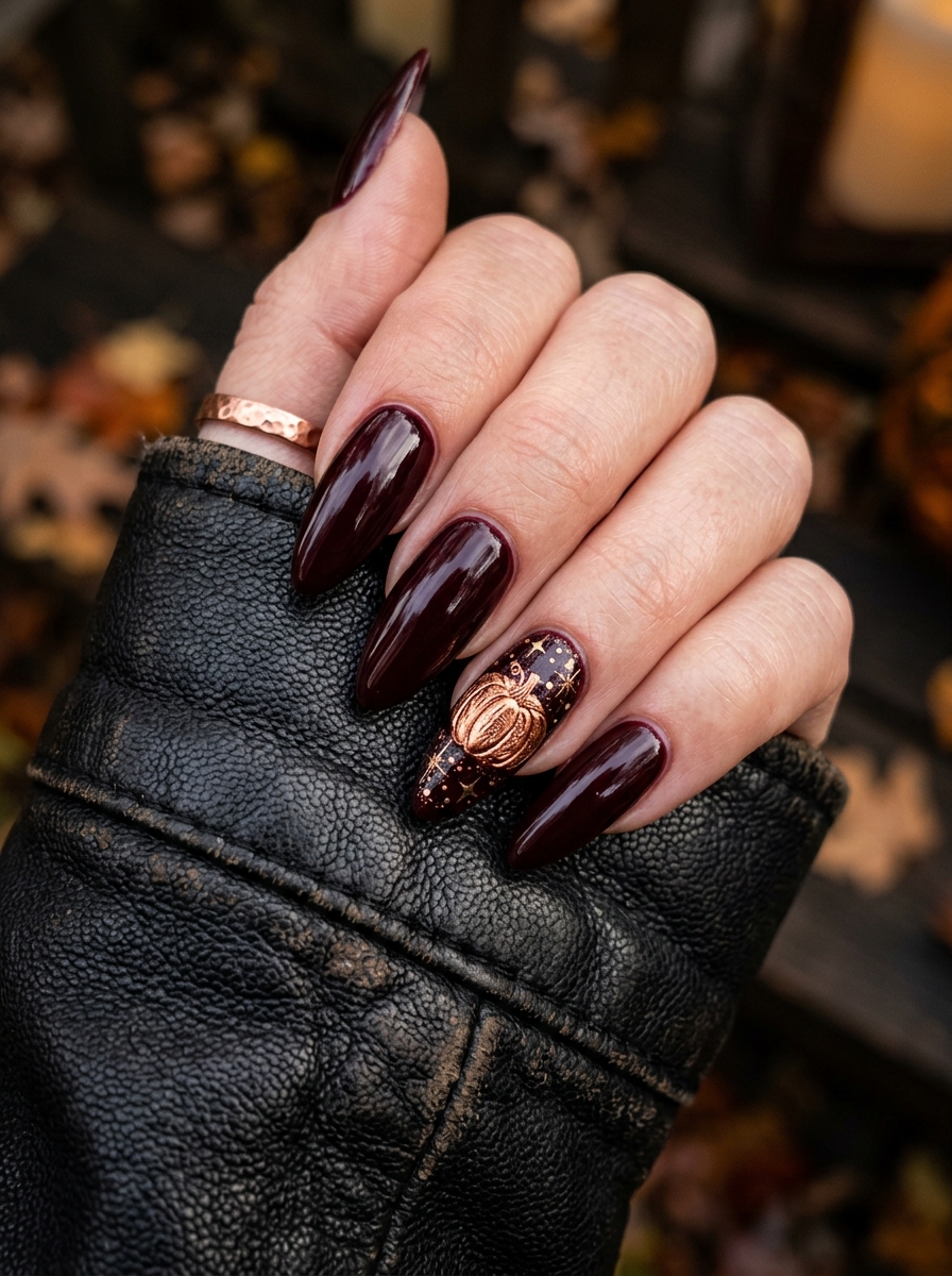 Vampy Black Cherry & Metallic Copper Foil Gourds - cute fall pumpkin nail art