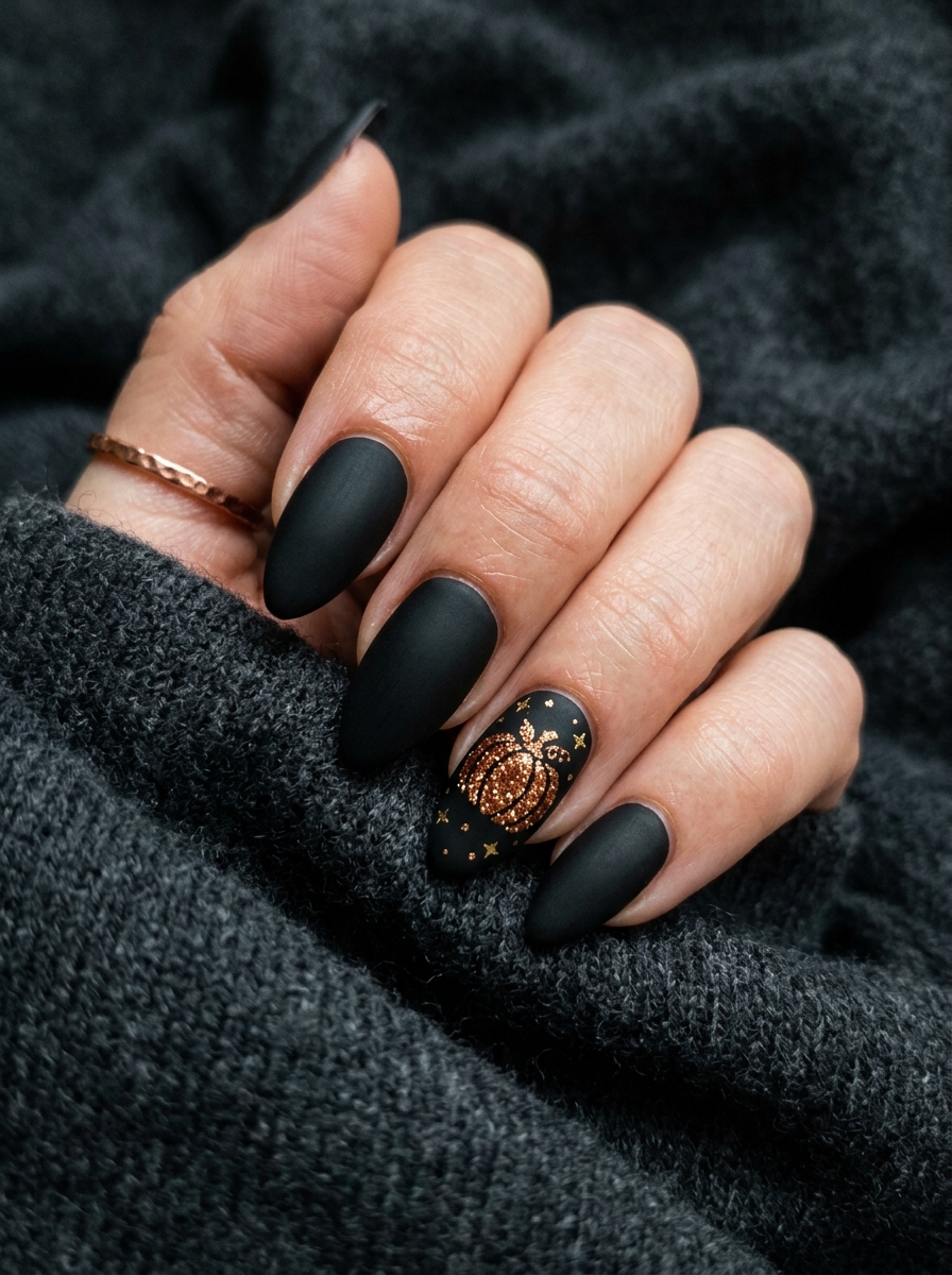 Matte Velvety Black with Copper Glitter Pumpkin - cute fall pumpkin nail art