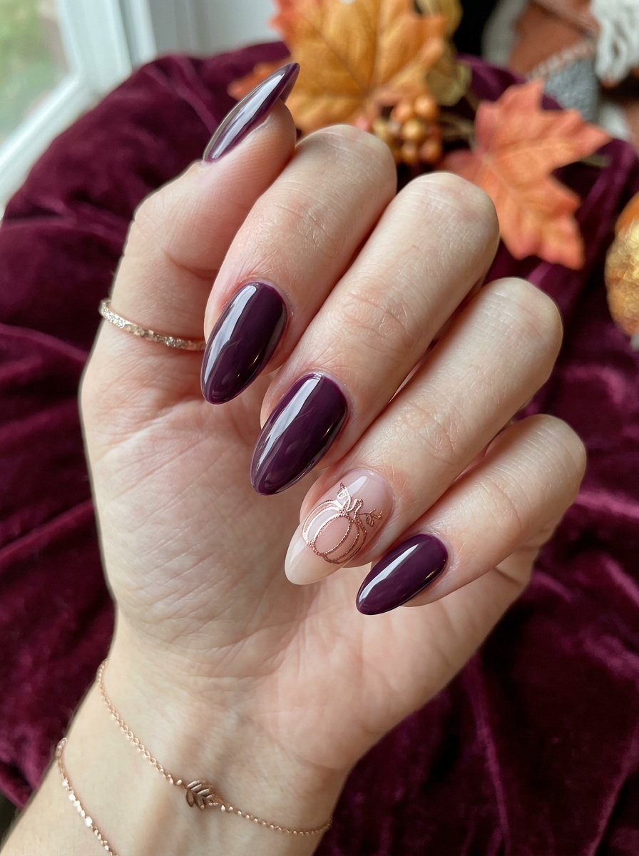 Deep Plum Wine with Rose Gold Chrome Pumpkin - cute fall pumpkin nail art