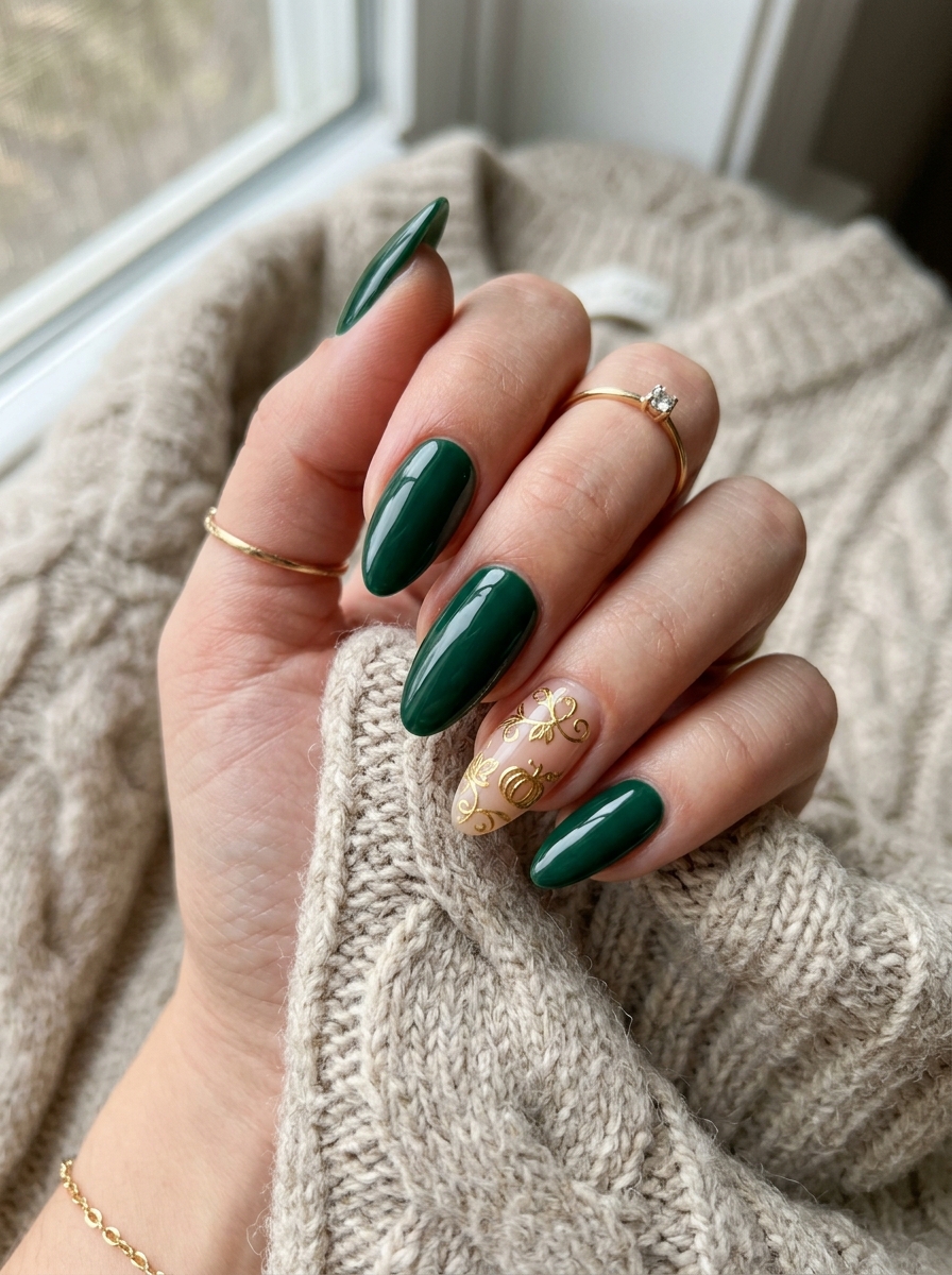 Glossy Emerald Forest with Liquid Gold Vines - cute fall pumpkin nail art