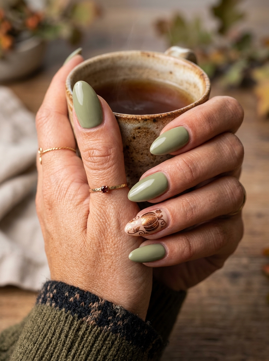 Creamy Sage Olive with Bronze Foil Pumpkin - cute fall pumpkin nail art