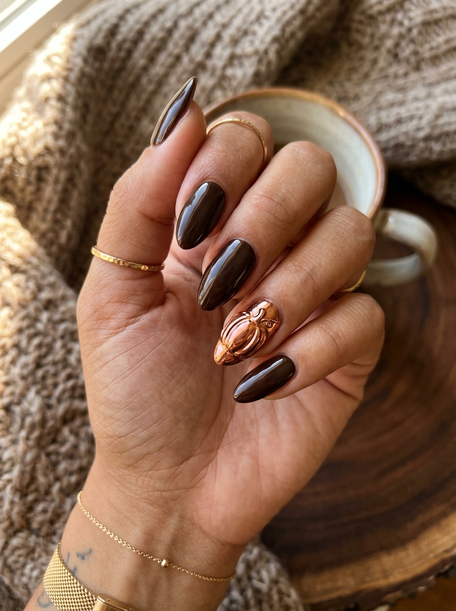 Deep Espresso Chocolate with Molten Copper Pumpkin - cute fall pumpkin nail art