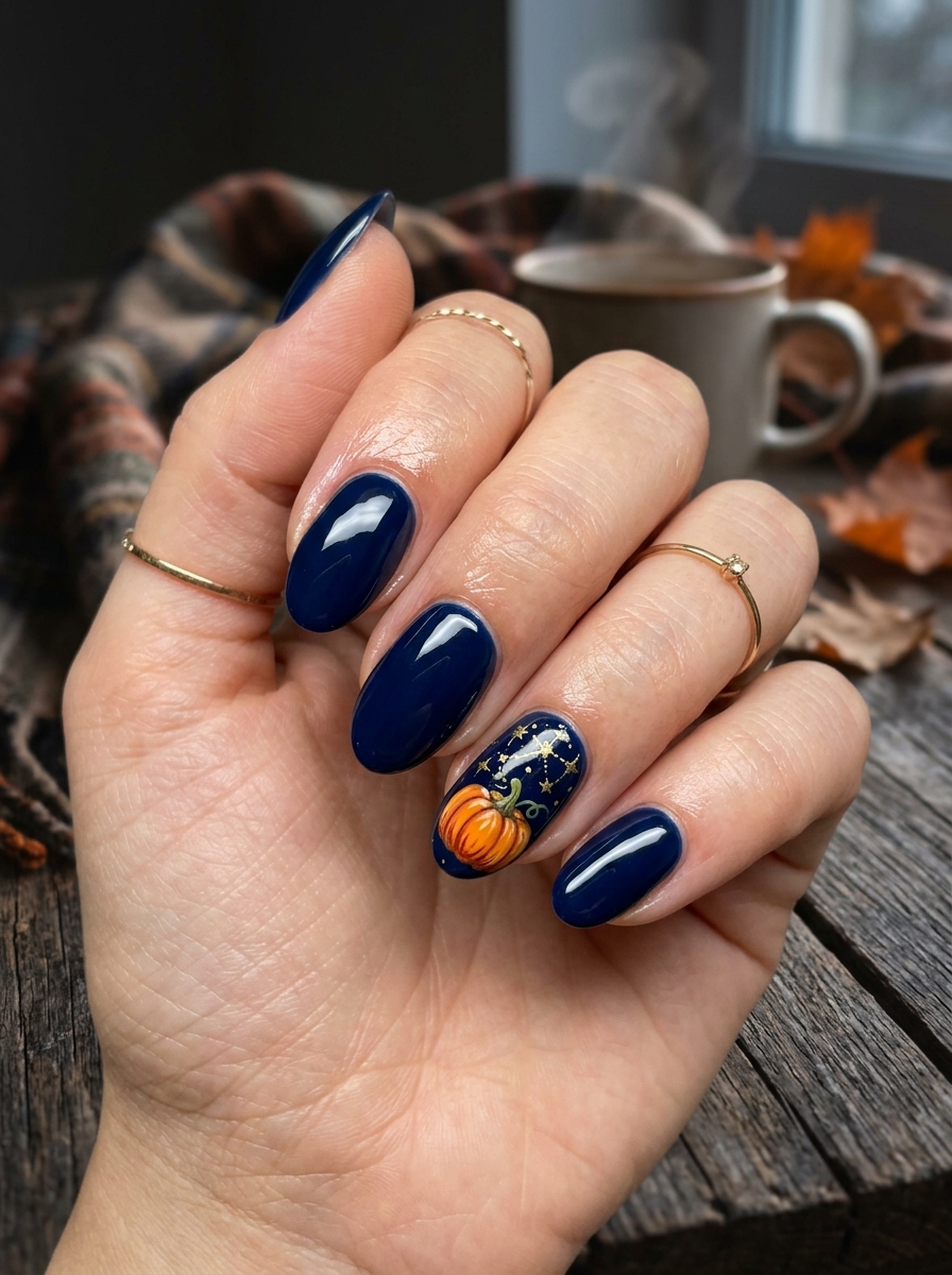 Midnight Navy Sky with Celestial Pumpkin Starlight - cute fall pumpkin nail art