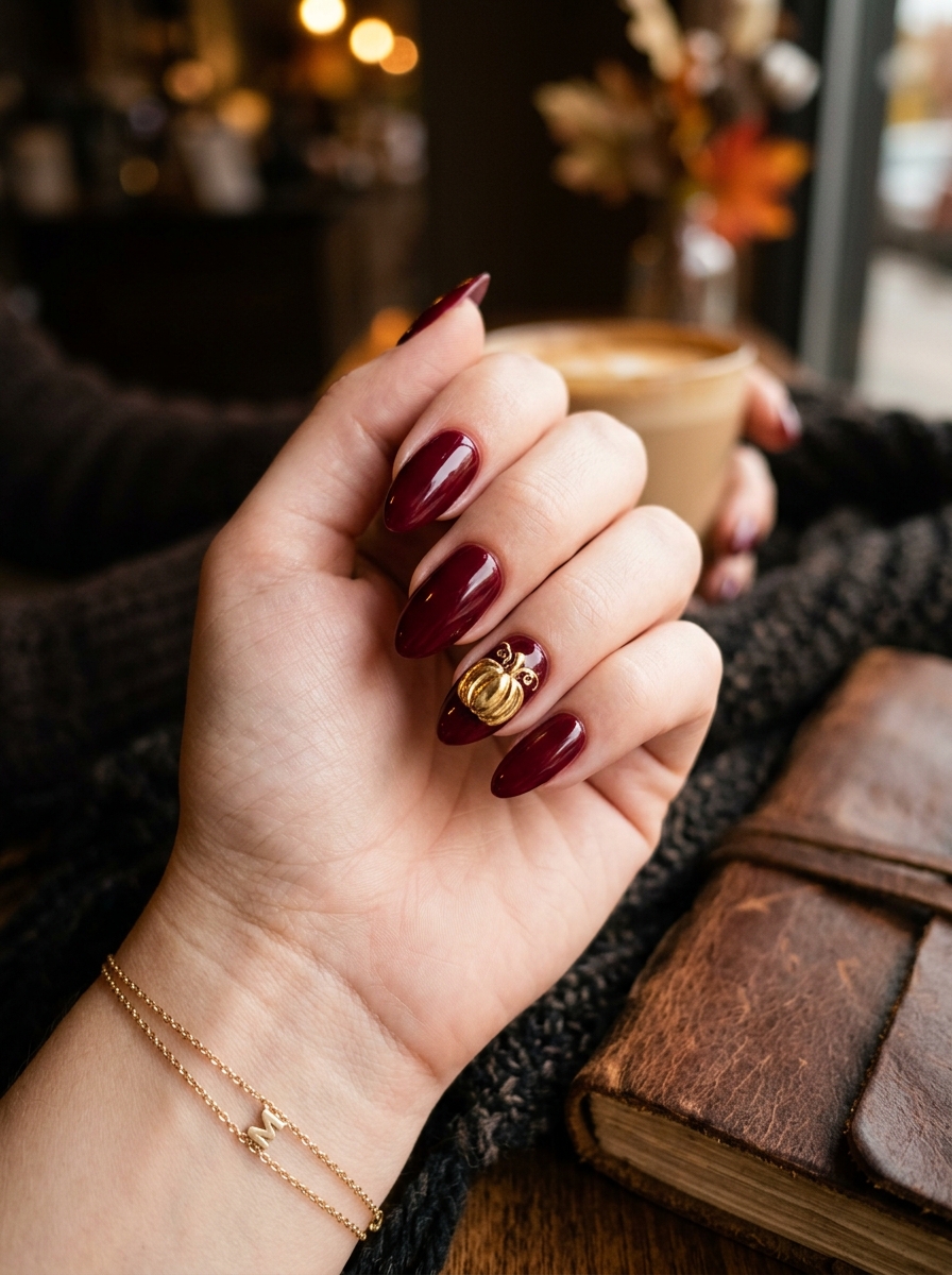 Moody Crimson Burgundy with 3D Gold Pumpkin Medallion - cute fall pumpkin nail art