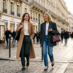 Two stylish women wearing quiet luxury outfits walking down Avenue Montaigne in Paris