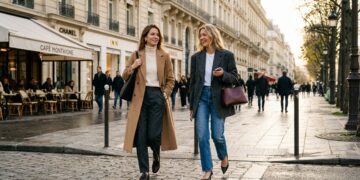 Two stylish women wearing quiet luxury outfits walking down Avenue Montaigne in Paris