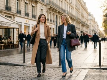 Two stylish women wearing quiet luxury outfits walking down Avenue Montaigne in Paris