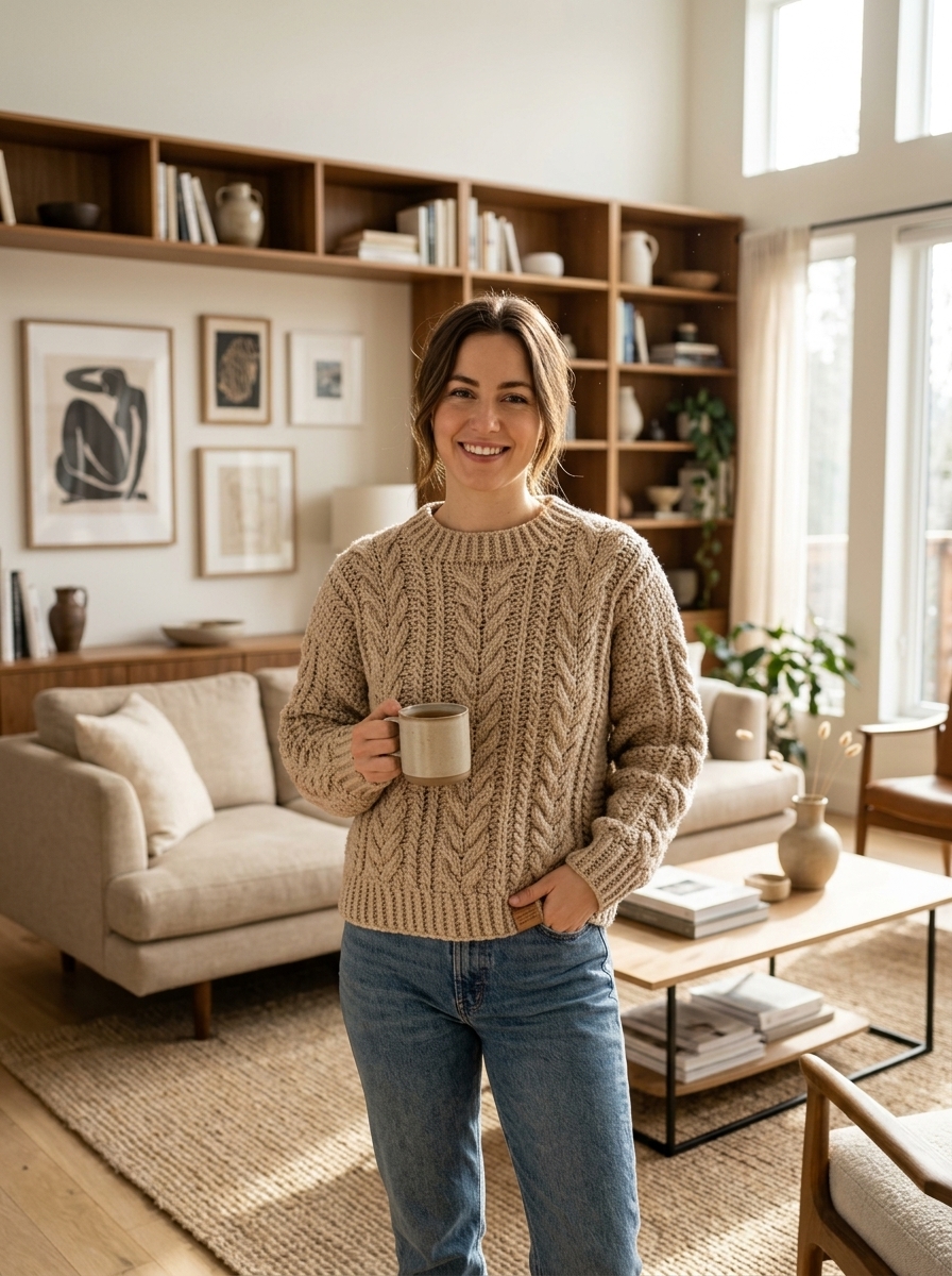 Woman wearing cozy cream oversized crochet sweater