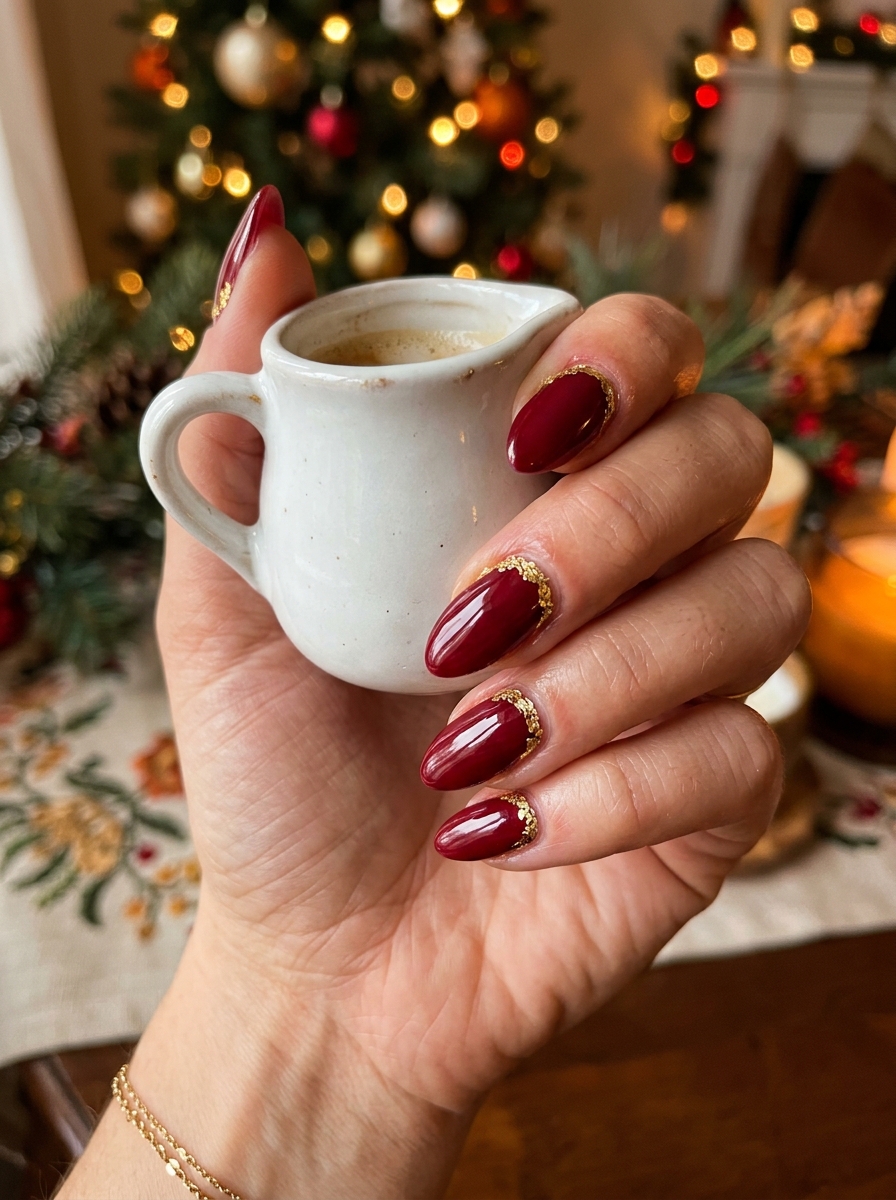 Spiced Cranberry & Gold Leaf Flakes - elegant thanksgiving nails manicure design