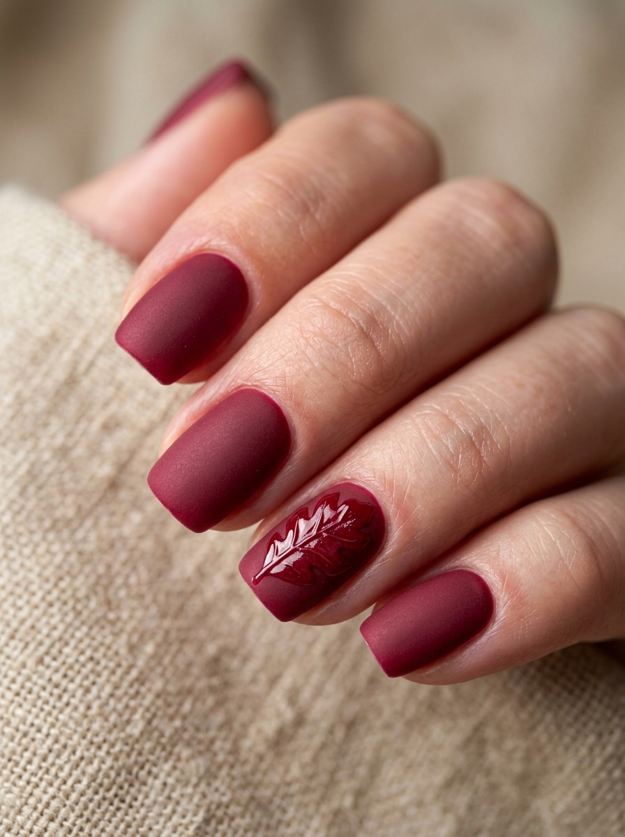 Matte Cranberry with Gilded Foliage - elegant thanksgiving nails manicure design
