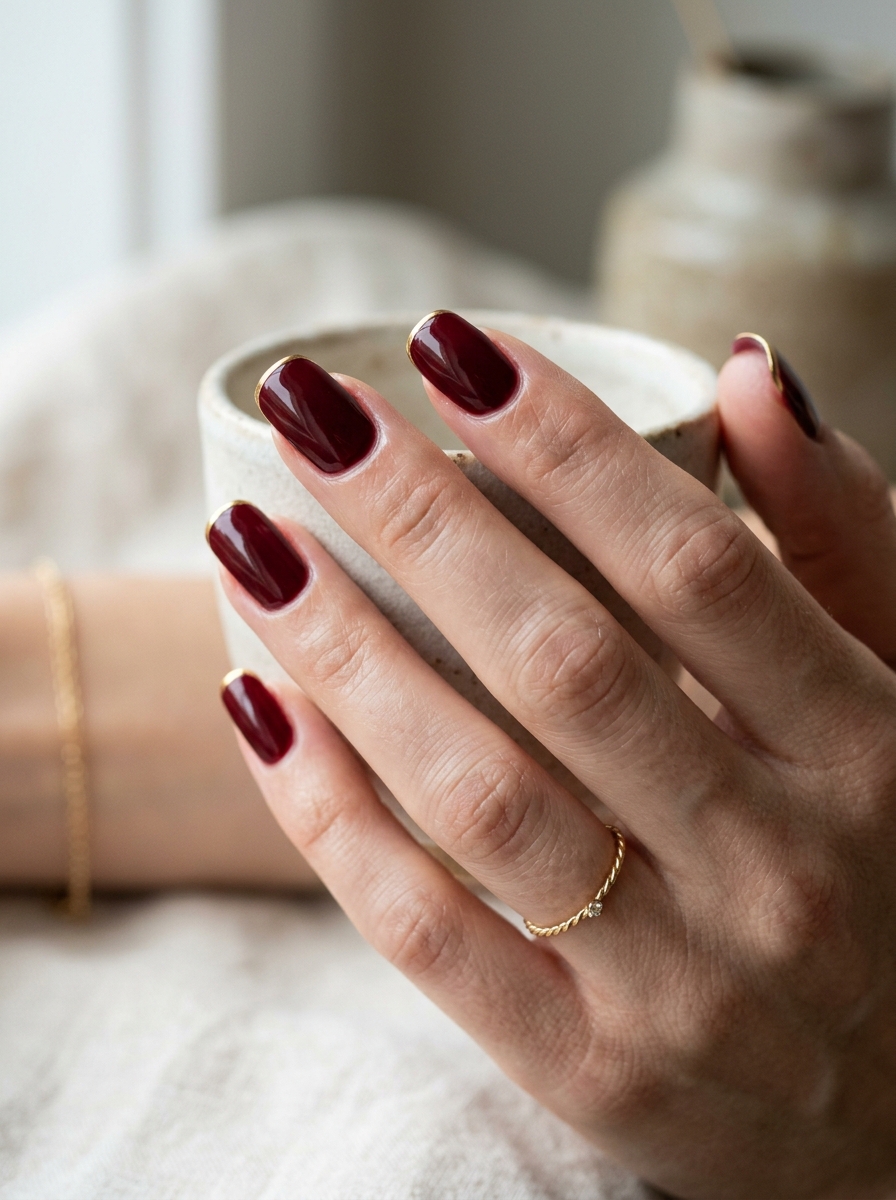 Bordeaux & Liquid Gold Wire Arcs - elegant thanksgiving nails manicure design