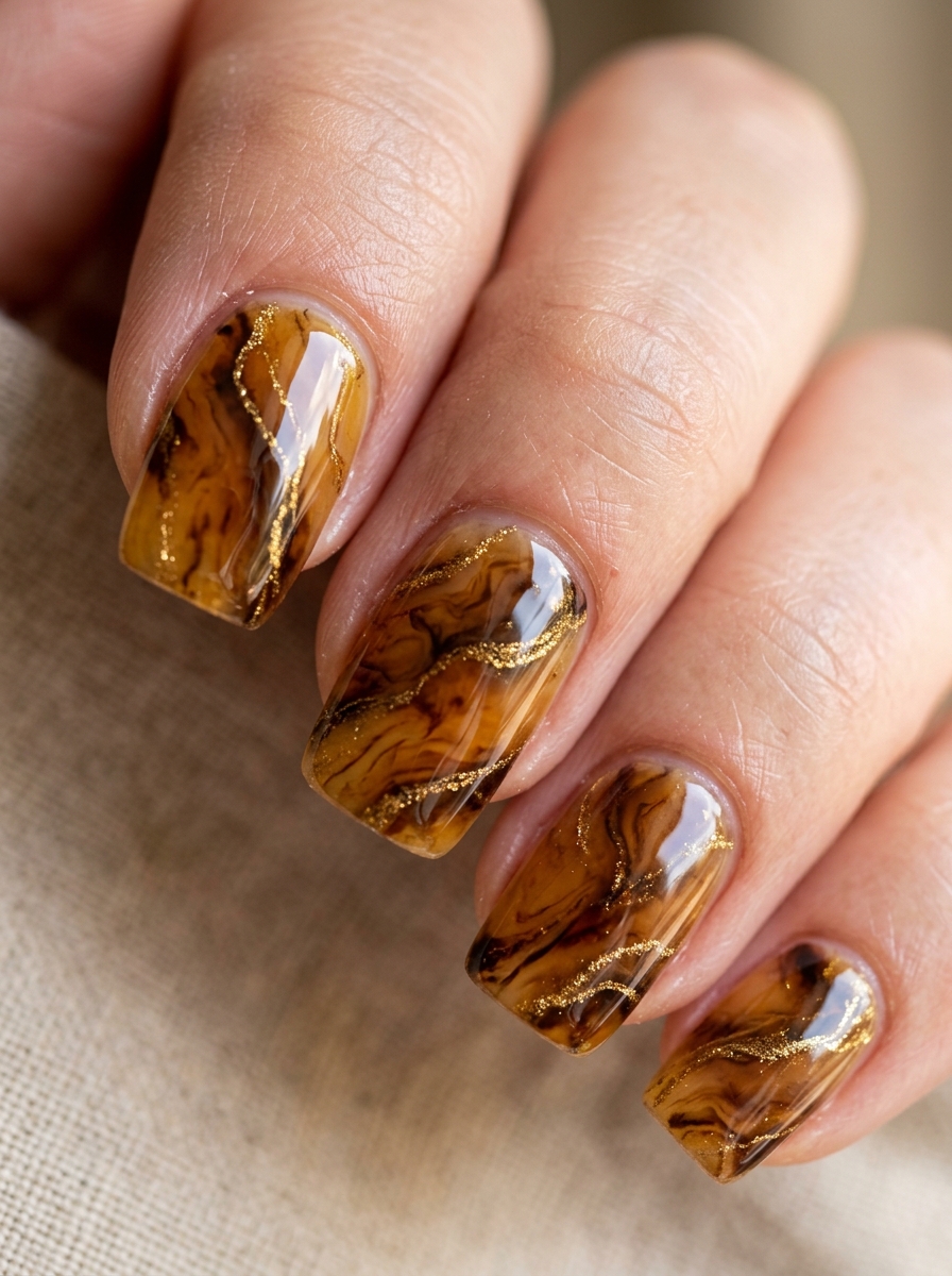 Honey Amber Tortoise with Gold Veining - elegant thanksgiving nails manicure design