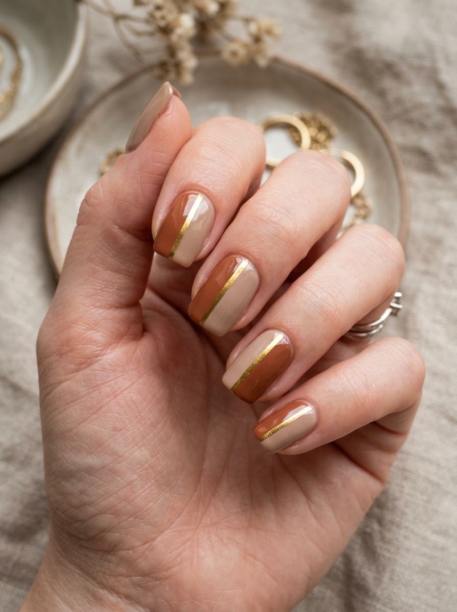 Pecan & Chai Neutral Colorblock - elegant thanksgiving nails manicure design