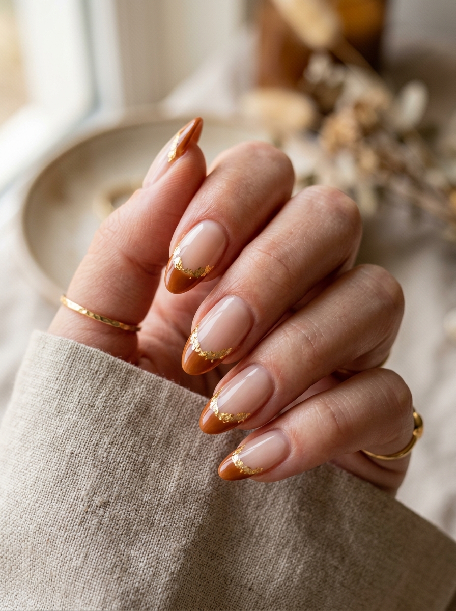 Burnt Caramel & Molten Gold French - elegant thanksgiving nails manicure design
