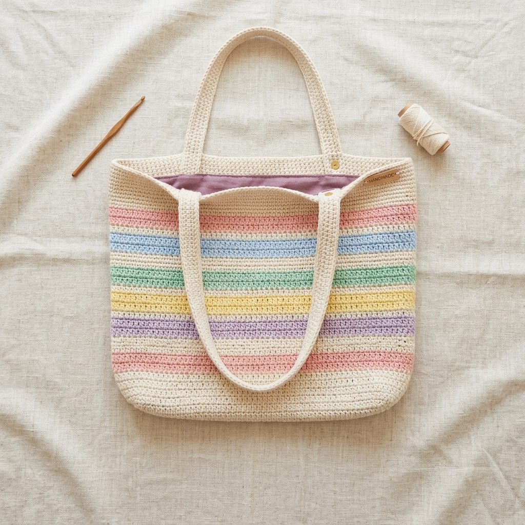 Overhead flat lay of crochet tote bag