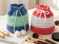 Two-color drawstring crochet makeup bag pattern in denim-mint and coral-white on a modern marble vanity