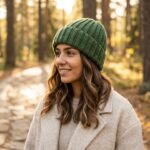 Woman outdoors in autumn wearing a forest moss green knit-look crochet ribbed beanie with a folded cuff and smooth no-bunch crown