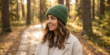 Woman outdoors in autumn wearing a forest moss green knit-look crochet ribbed beanie with a folded cuff and smooth no-bunch crown