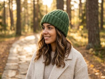 Woman outdoors in autumn wearing a forest moss green knit-look crochet ribbed beanie with a folded cuff and smooth no-bunch crown