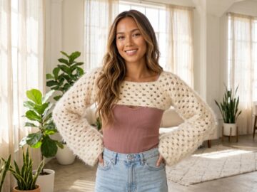Woman in a sunlit loft wearing a cream fluffy granny stitch crochet shrug bolero over a mauve ribbed tank top