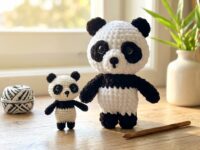 Free panda crochet pattern plushies in large chenille and mini cotton yarn on a sunlit wooden craft desk