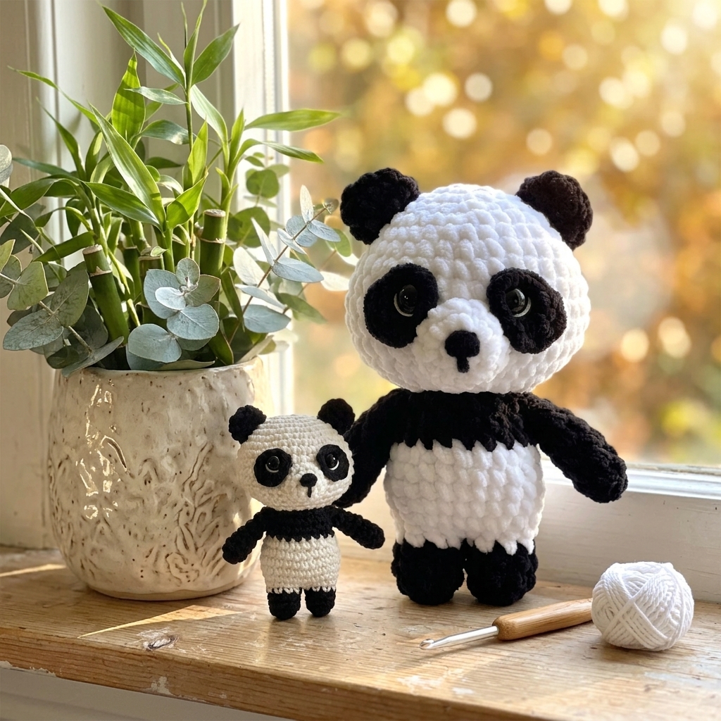 Completed big chenille panda and small cotton panda from the free panda crochet pattern