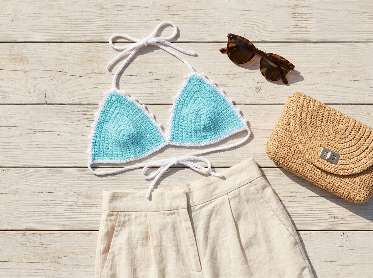 Aqua mercerized cotton crochet bikini top with white picot trim styled flat with linen shorts, raffia clutch, and sunglasses
