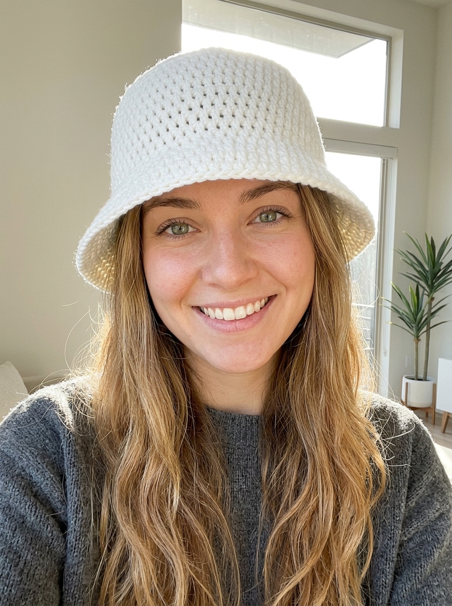 Smiling model wearing a handmade white crochet bucket hat