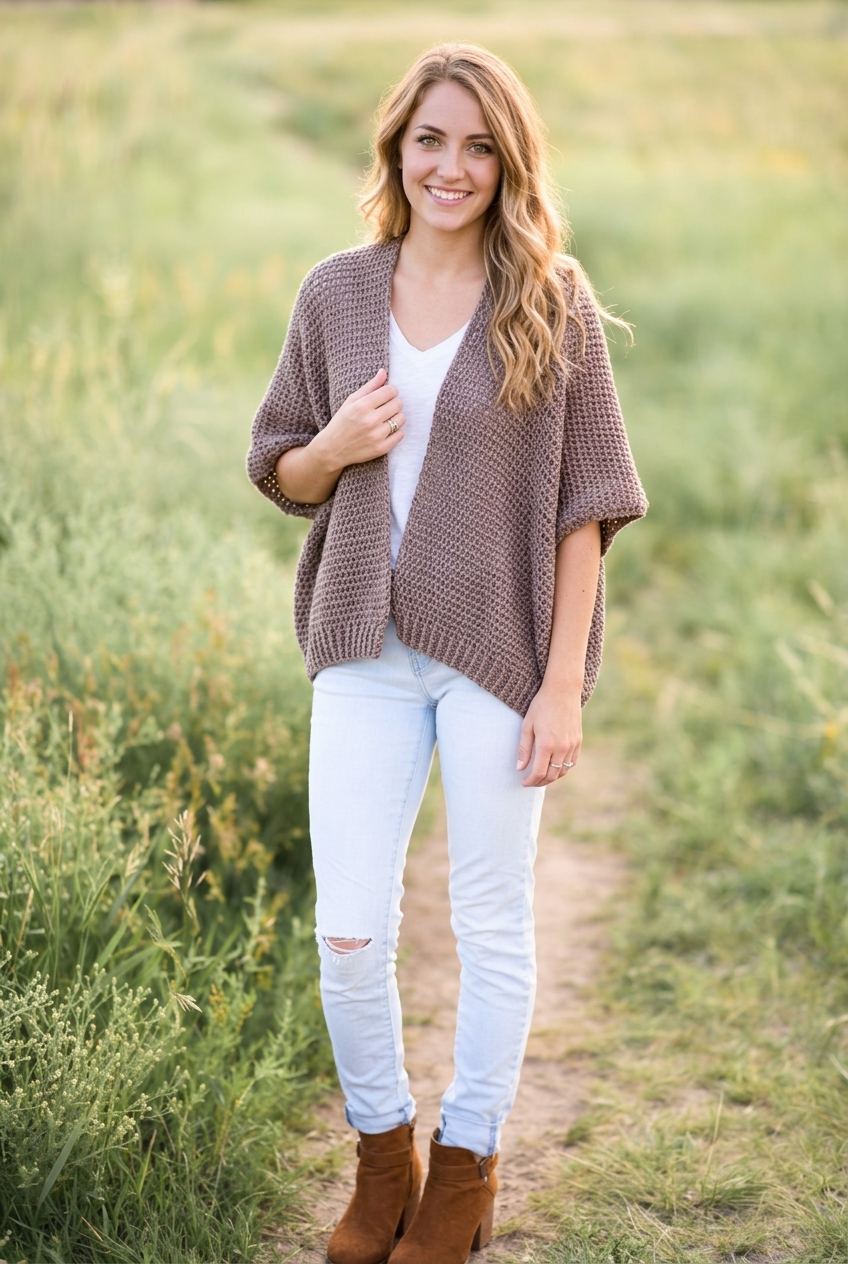 Vail Topper easy taupe shrug from our crochet cardigan patterns collection