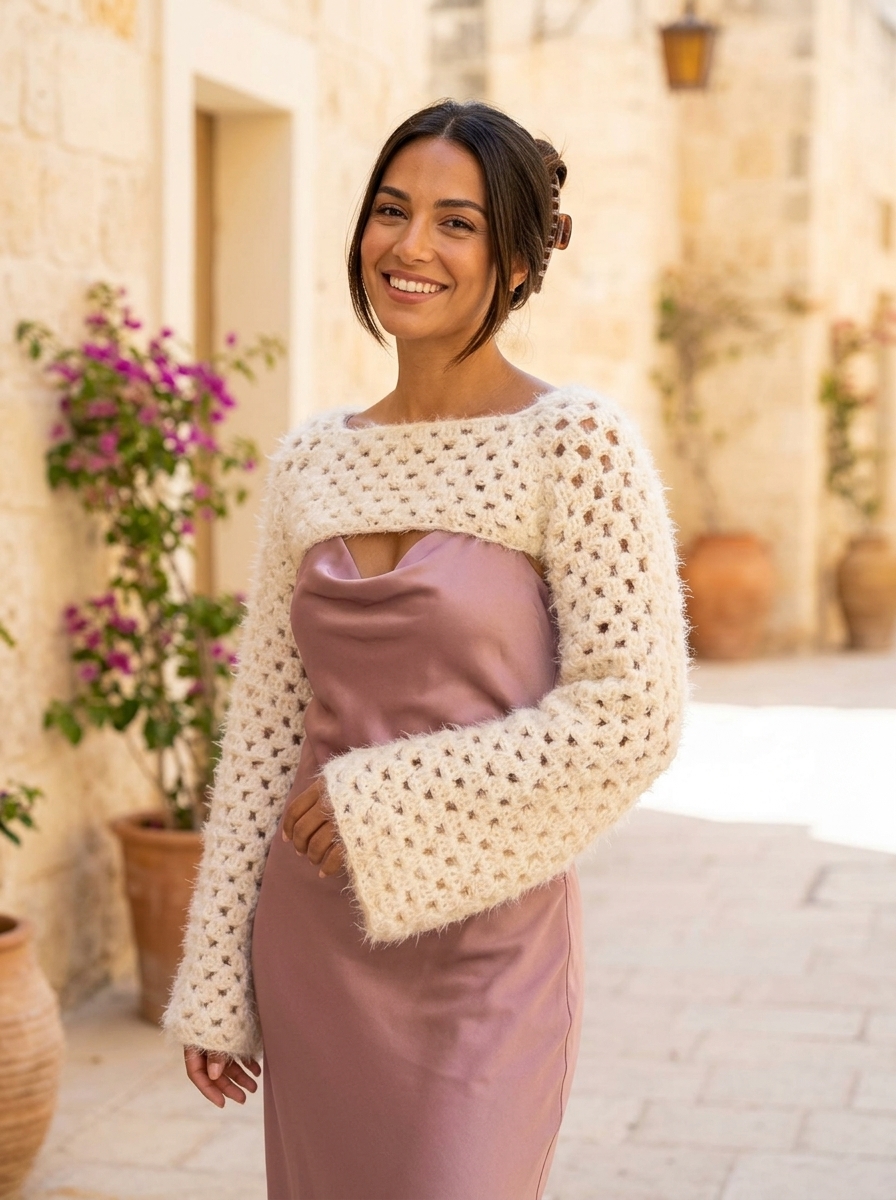 Woman wearing a cream fluffy crochet shrug bolero over a mauve satin slip dress in a sunlit courtyard